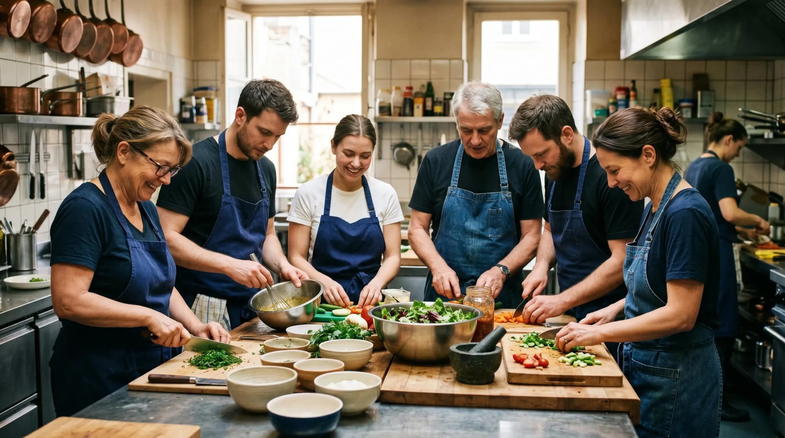 Groupe de salariés de différentes générations réalisant un atelier de cuisine en équipe lors d'un team building d'entreprise