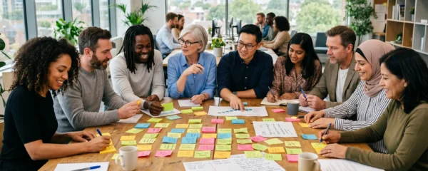 Groupe de collaborateurs de différentes générations travaillant ensemble lors d'un atelier de team building en entreprise