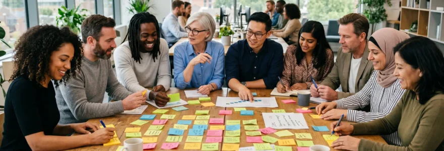 Groupe de collaborateurs de différentes générations travaillant ensemble lors d'un atelier de team building en entreprise