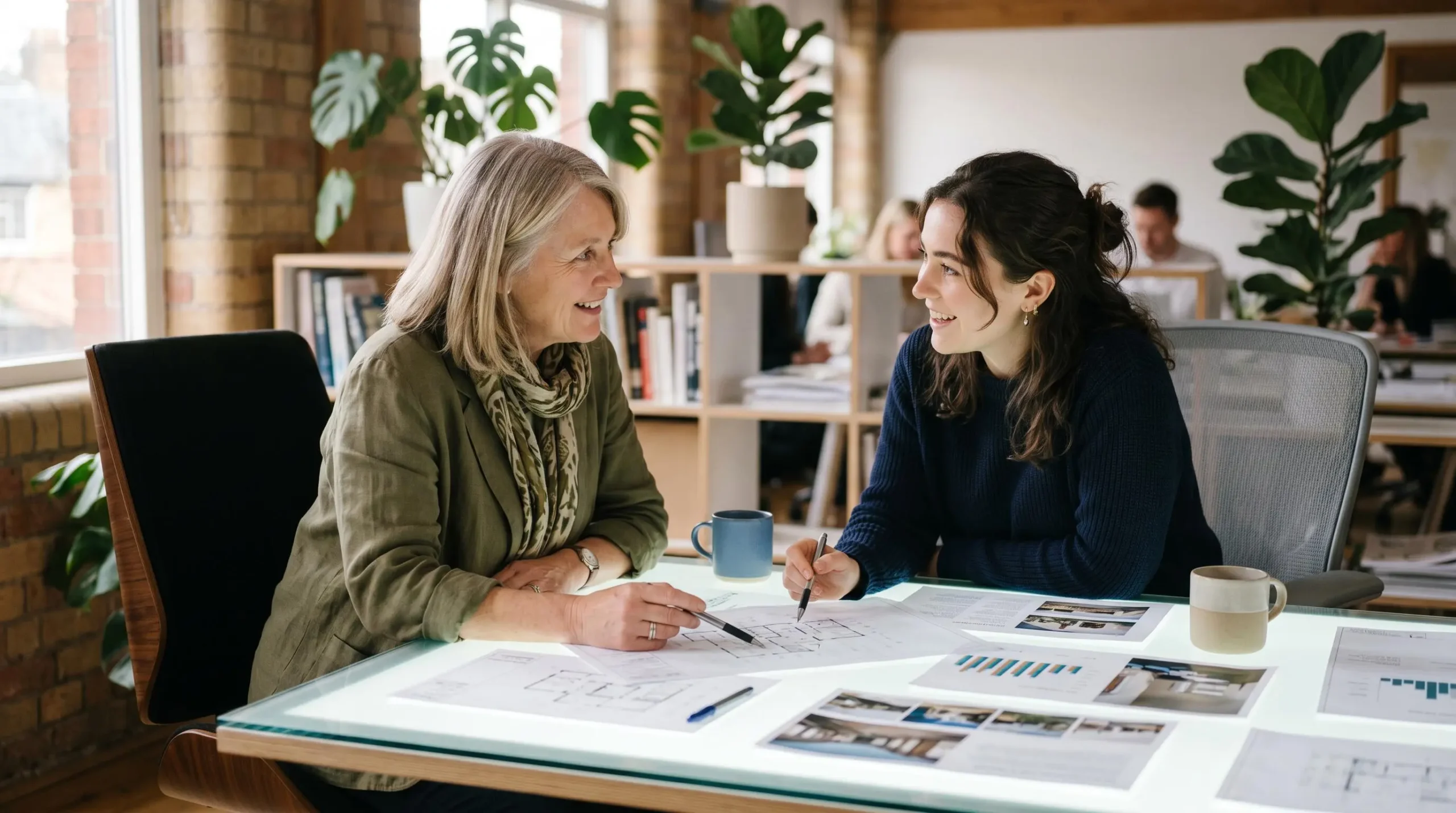 Deux collaborateurs de générations différentes échangeant autour d'un projet lors d'une session de travail collaboratif