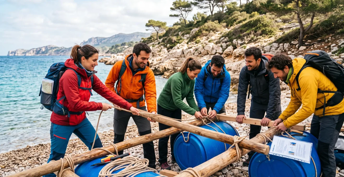 Équipe de professionnels coopérant lors d'une activité de construction collaborative en environnement côtier méditerranéen, s'entraidant physiquement avec cordes et matériel, expressions engagées