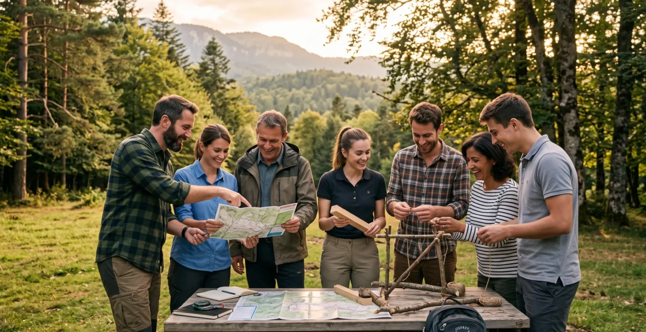 Groupe de collaborateurs en tenue professionnelle décontractée participant à un atelier coopératif en pleine nature forestière, échangeant autour de cartes et matériel d'orientation, lumière dorée de fin d'après-midi