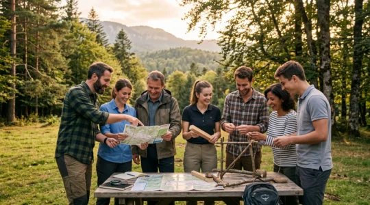Groupe de collaborateurs en tenue professionnelle décontractée participant à un atelier coopératif en pleine nature forestière, échangeant autour de cartes et matériel d'orientation, lumière dorée de fin d'après-midi