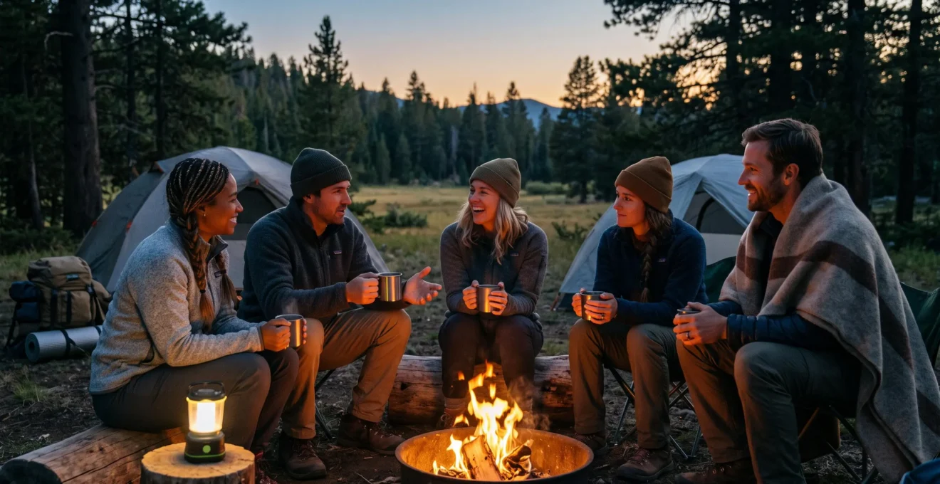 Petit groupe de professionnels assis en cercle au crépuscule autour d'un feu de camp avec tentes en arrière-plan, partageant un moment convivial avec boissons chaudes, visages éclairés par lueur chaleureuse
