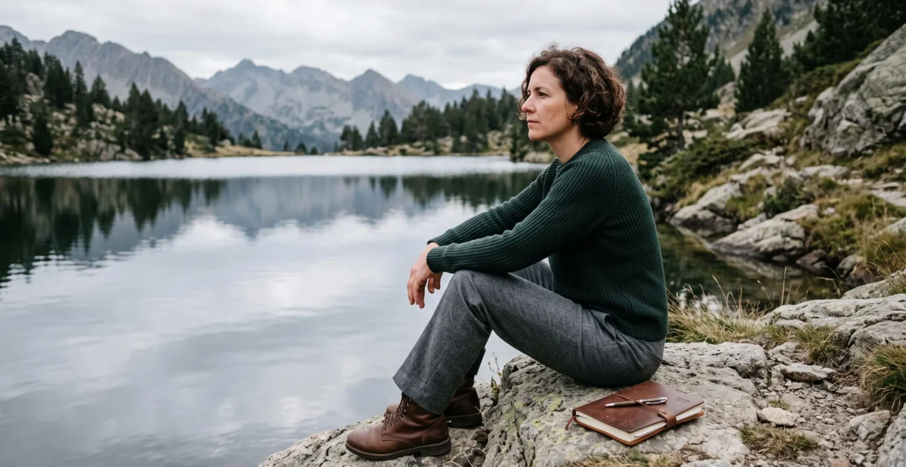 Professionnel en tenue décontractée assis au bord d'un lac de montagne, en pause contemplative face à l'horizon naturel, carnet fermé posé à côté, environnement apaisant